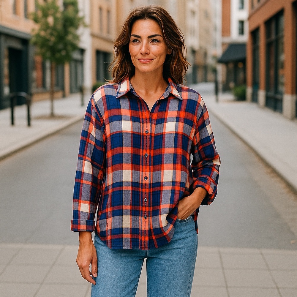 Basic Editions Flannel Shirt Blue Red Gold 3X PF - Picture 2 of 6